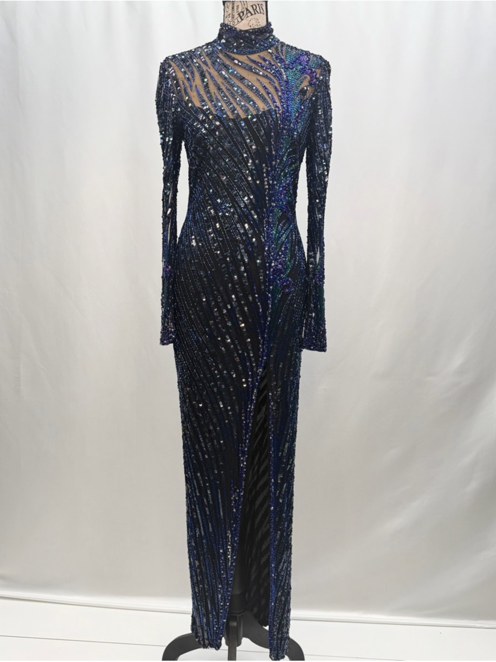 Bob Mackie Black and Navy Beaded Long-Sleeve Evening Gown